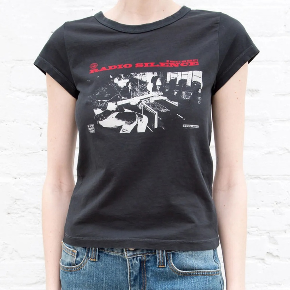 Brandy Melville Black Radio Silence Graphic Tee with Red Print